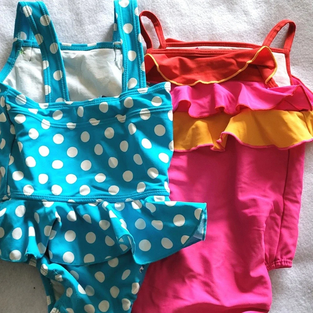 Old Navy Swimsuit Lot Girls 3T Polkadot Ruffle Pink Blue One Piece Bathing Suits